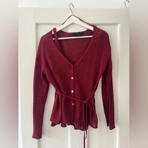 Burgundy Button-Front Tie-Waist Cardigan